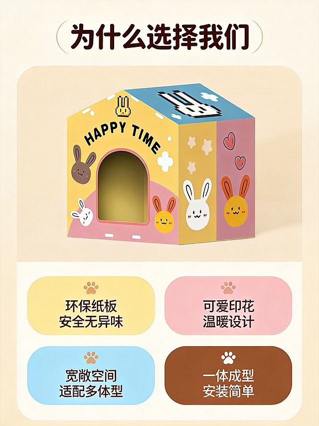 [第2屏] 核心卖点介绍-宠物殡葬暖心小屋核心优势展示。[氛围/风格] 简约温馨，干净清晰，商业设计质感。[元素布局] 宠物小房子整体放置在画面上部，保持产品外观颜色设计与原图一致，占据上半部分约50%区域。下半部分分四个圆角卡片横向排列，每个卡片一个卖点，搭配小爪印图标。整体无边框满铺，背景统一浅暖米色。[光影质感] 整体柔光均匀，每个卡片清晰分区，产品和卡片都明亮通透。[配色色系] 全局底色 #f8f2e9；卡片底色分别用浅黄、浅粉、浅蓝、浅棕，和产品色彩呼应；文字均用深棕色。[视角构图] 产品平视展示在上部，卖点卡片平铺底部，构图分区清晰，信息一目了然。[文字版式] 顶部大标题居中写着「为什么选择我们」，圆润深棕色字体。下方四个卖点卡片：第一个卡片配爪印图标，文字「环保纸板 安全无异味」；第二个「可爱印花 温暖设计」；第三个「宽敞空间 适配多体型」；第四个「一体成型 安装简单」，每个卡片文字居中，图标在上文字在下，字间距舒适。[比例分辨率] 3:4 竖版比例，2k分辨率，文字清晰。[负向提示词] 变形，文字错乱，色块杂乱，产品模糊，水印