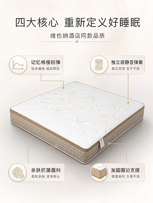 [商品] 使用【图3】维也纳酒店同款床垫，保留床垫整体外观、顶面图案、拉扣、围边颜色、侧面纹理和厚度比例；商品处理：去除背景中的其他床垫和木架，修复吊牌使其整洁，增强面料纹理和缝线质感，保持产品真实整洁。
[画面] 第3张 核心卖点总览，目标：快速传递四大核心优势。上文下图版式，顶部约1/4文案区，下方床垫45度俯视角展示全貌，床垫四周分布4个卖点图标和引线标注。床垫占画面约50%，居中偏下。背景为极简浅灰渐变，底部有柔和投影。阅读动线：顶部标题→床垫主体→四周卖点图标。
[视觉] 套系策略：风格=极简高端酒店风商业摄影；标题字=现代简约细黑体；正文字=简洁无衬线体；主色=米白+浅卡其；背景延展=基于米白卡其做深浅层级、同色渐变和细腻织物/石材质感；强调色=香槟金，仅用于小面积图标、引线、装饰线和标签；标题色=深炭灰；正文色=中暖灰；组件=细线引线、圆角浅底信息卡、极简icon；光影=正上方柔光均匀布光，产品立体感强，底部柔和投影。
[文字] 顶部主标题「四大核心 重新定义好睡眠」，副标题「维也纳酒店同款品质」。床垫四周4个卖点：左上「记忆棉慢回弹」配回弹曲线icon，右上「独立袋静音弹簧」配弹簧icon，左下「亲肤抗菌面料」配面料icon，右下「加固围边支撑」配围边icon。每个卖点含标题+1行小字说明。文字全部横向排版。
[规格] 国内电商详情页竖版，比例3:4，宽度1500px，高度2000px，分辨率4K，quality=medium。负向：避免变形、错字、文字过小、冷蓝背景、产品颜色改变、结构失真、卖点图标遮挡产品关键部位。