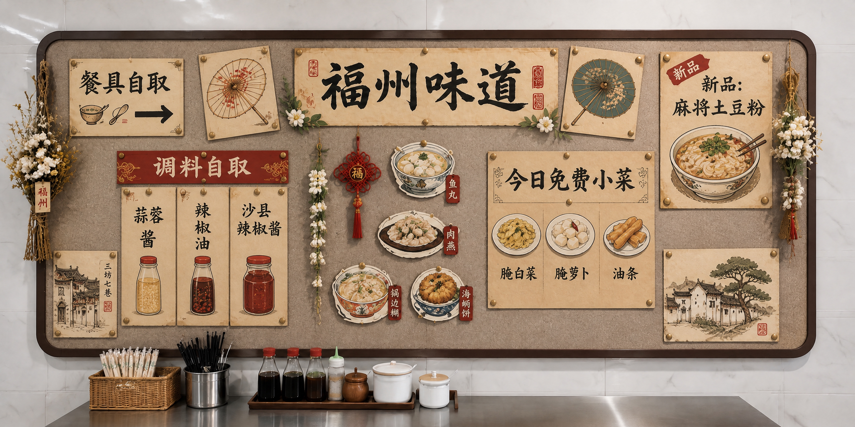 修改毛毡板装饰设计： 1. 顶部两侧的油纸伞改为平面印刷/手绘… - 图片创意预览