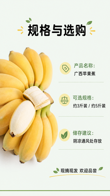 [第8屏] 规格信息与选购收尾屏。
[氛围/风格] 简洁信息展示，干净清晰，收尾自然，品牌感统一。
[元素布局] 本屏使用【图1】作为产品参考。画面左侧放置整串广西苹果蕉，占比约45%，保持产品外观颜预览效果