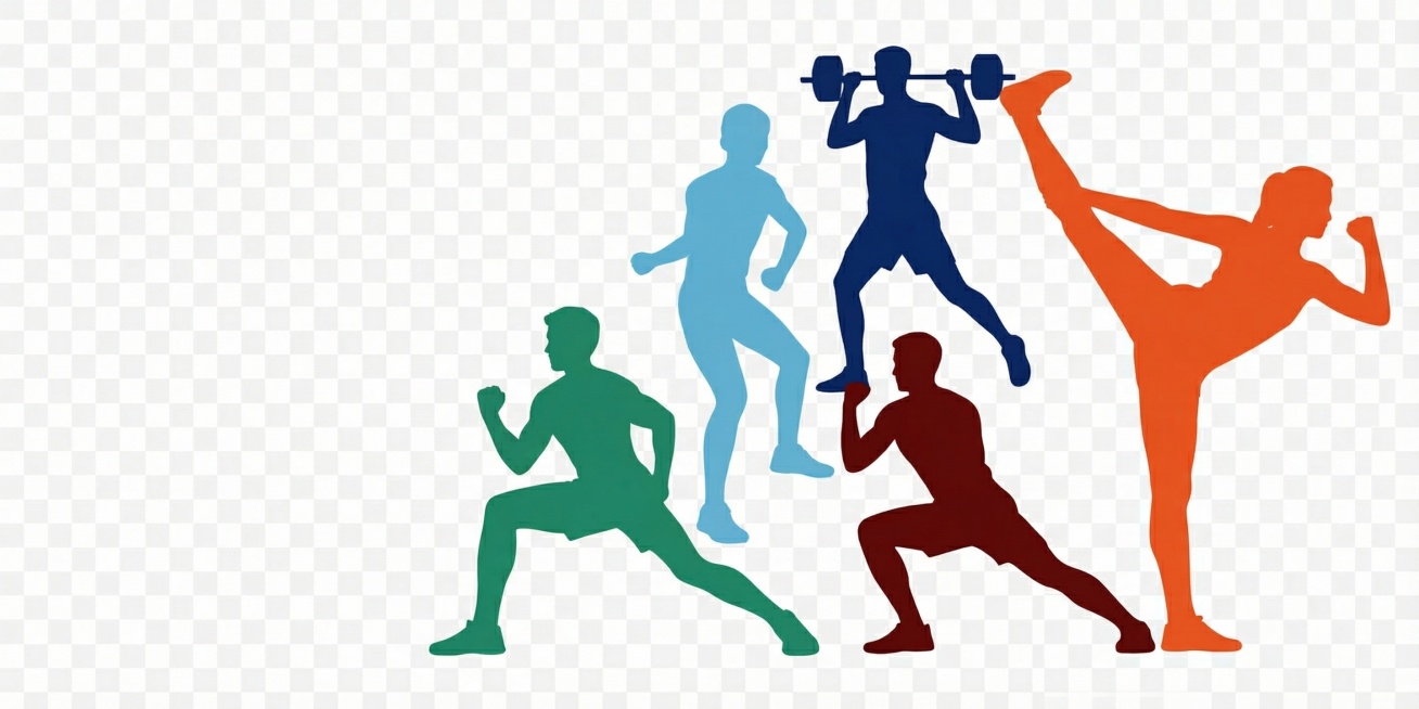 保留多个错位叠加的体能运动动作剪影，只保留人像部分，背景改为透明，将原本女性动作改为男性动作，保持低饱和度彩色，简约风格不变预览效果
