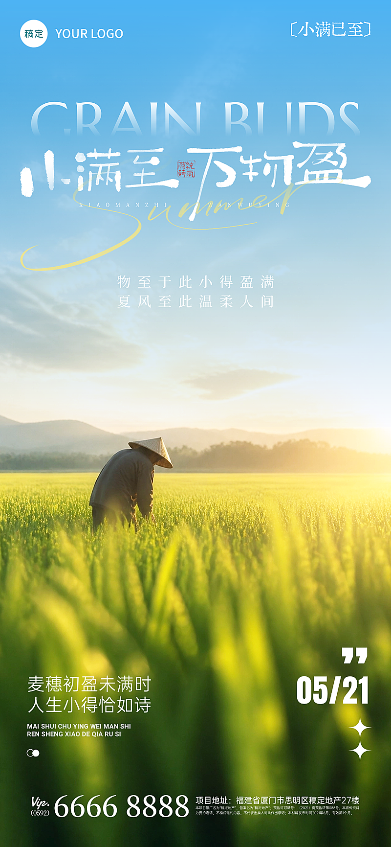 小满节气祝福肌理感麦田人物全屏竖版海报