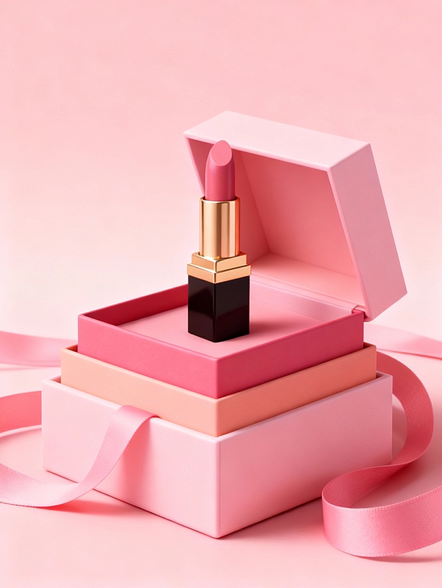 3D重拟物风格，柔和粉调营造甜美舒适感，金属质感唇膏与塑料风礼盒交织，节日氛围浪漫精致。
