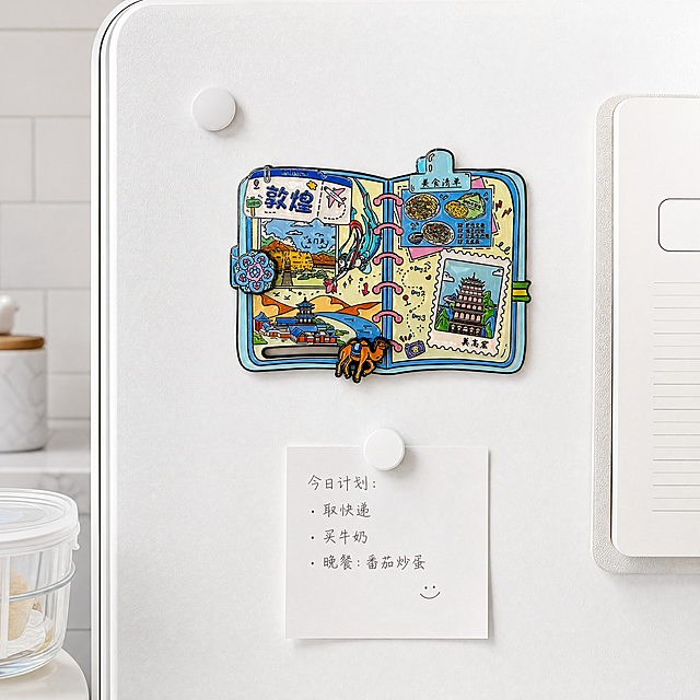 超写实文创产品摄影。
主体：金属珐琅冰箱贴严格参照上传产品图，完整保留所有可见组件、轮廓、结构、比例、材质、颜色与产品本体上的文字图案信息，与上传图完全一致；珐琅釉面光泽与金属描边细节清晰可见，手作珐琅质感突出。产品占画面70%，完整不裁切，近景构图，背景无其他同类产品。
构图：中心对称，正面平视，冰箱贴吸附于白色承载面中央。
风格：极简手作 · 主色纯白 + 副色浅蓝。
场景概念：白色简约大方的冰箱门展示场景，冰箱贴吸附在白色冰箱门上，生活化的文创展示氛围。
空间：①承载面，白色哑光冰箱门，细腻面板纹理；②背景，白色厨房墙面，干净整洁；③冰箱门右侧，一个白色磁吸便签本，部分入镜。
陪衬物：①冰箱贴下方，一张白色便签纸，用磁吸固定；②冰箱贴左上方，一枚小型白色圆形磁吸，点缀画面；③冰箱门左下角，一个透明玻璃保鲜盒，白色盖子。
配色 / 材质：纯白 / 透明 / 浅灰 / 浅蓝；金属面板 / 玻璃 / 纸张 / 珐琅。
光影：主光从正前方柔光漫射，均匀照亮冰箱贴正面；辅光为两侧环境补光，阴影极淡，珐琅釉面呈现柔和光泽，冰箱门面板有细腻反光。
参数：4K 写实光追。严格锁定宽高比为 1:1。
