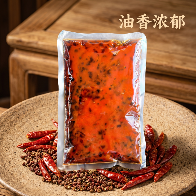 电商主图，老火锅底料，卖点老火锅口味，油香浓郁，产地重庆，新中式电商风格，展示袋装底料放置在新中式粗陶桌面上，旁边点缀干辣椒和花椒，营造浓郁食欲氛围，添加卖点文字"油香浓郁"，新中式浅棕木色背景，1:预览效果