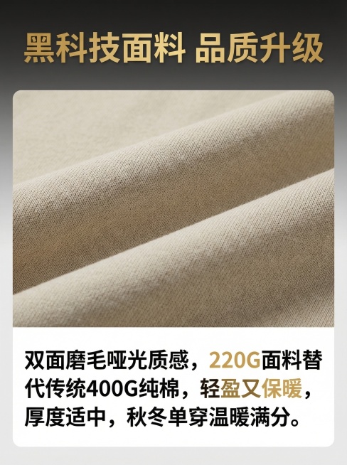 拼多多男装卫衣详情页第3张，竖版750*1000尺寸，风格和主图统一。顶部金色粗体标题「黑科技面料 品质升级」，上方展示卫衣面料肌理特写，下方配文案：双面磨毛哑光质感，220G面料替代传统400G纯棉预览效果