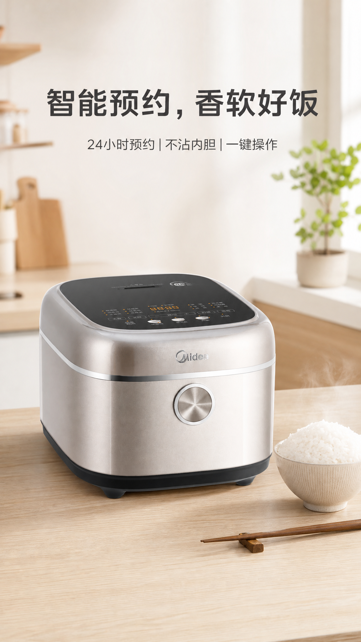 现代简约风格电饭煲电商海报，主色调白色和浅木色，温馨家庭氛围。… - 图片创意预览