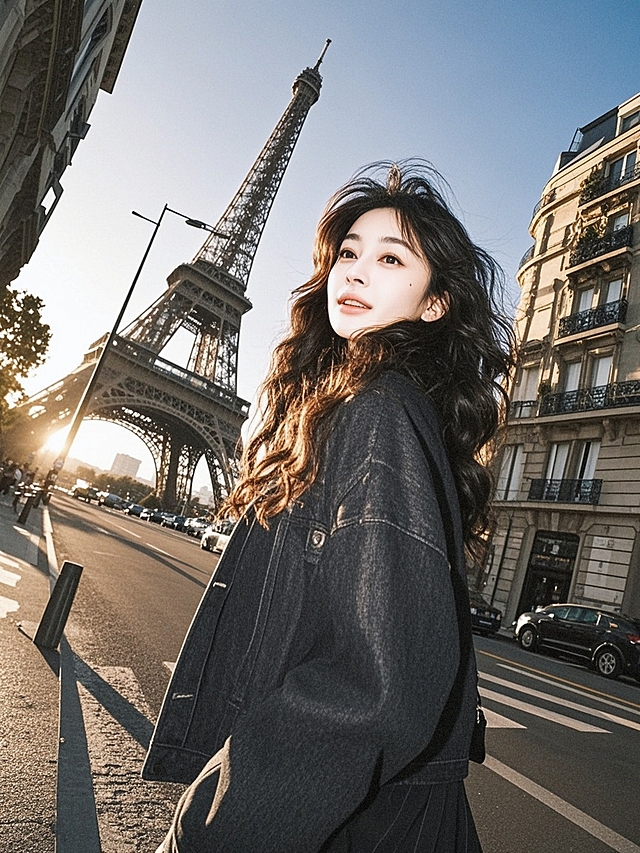 一个文艺女青年，走在巴黎铁搭附近的街道上，黑色卷发，中长发，年轻有活力，鱼眼镜头