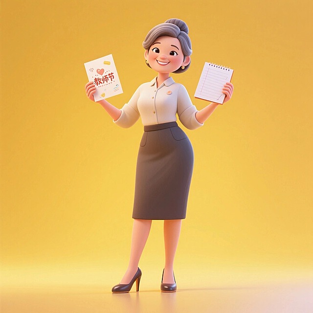 中年女教师（拿教师节贺卡、作业，穿高跟鞋），全身，元素完整。黄色渐变背景