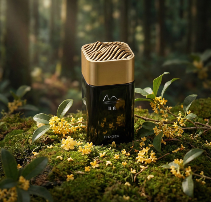 产品置于简洁的山林背景中，淡化背景，产品再放大一点，突出产品，放在森林的地上，产品瓶子底下旁边点缀一些黄色的桂花花瓣和桂花枝树叶在地上围绕产品，整体呈现森林的沉稳绿色调。森林里有淡淡的光照效果预览效果