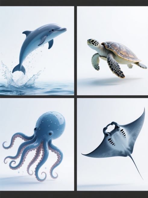 一组海洋动物系列素材集合，采用与原图一致的3D写实风格，纯净白色纯色背景，每个元素都具有光滑细腻的蓝色渐变皮肤质感，湿润的光泽表现，以及飞溅的水珠细节。画面以规整的2x2网格排布，四个完全不同的海洋动物元素分别为：左上角是跃出水面的海豚，身体呈现优美弧线，头部微微上扬，尾部溅起水花；右上角是侧游的海龟，四肢舒展，背甲纹理清晰，头部伸出；左下角是摆动触须的章鱼，身体圆润，八条触手自然下垂，表面有……预览效果