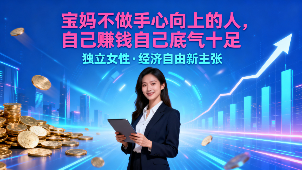 16:9 科技感风格海报，主标题文案"宝妈不做手心向上的人，自己赚钱自己底气十足"，主副标题分明，字体使用黑体，主标题用玫红色，副标题用浅蓝色，带有科技光效背景，背景为现代都市感渐变蓝色，画面融入金币预览效果