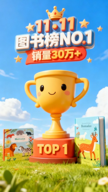 轻微仰拍视角，画面中心是一个底座印着“TOP 1”立体文字的巨型卡通3D奖杯，商品位于奖杯一侧，画面上方是3D卡通文字“11·11 图书榜NO.1 销量30万+”，皇冠、星星装饰，背景为蓝天白云草地，预览效果