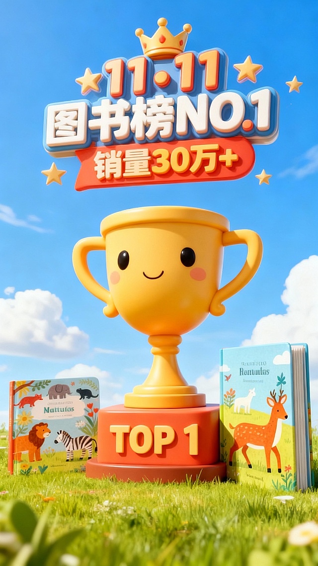 轻微仰拍视角，画面中心是一个底座印着“TOP 1”立体文字的巨型卡通3D奖杯，商品位于奖杯一侧，画面上方是3D卡通文字“11·11 图书榜NO.1 销量30万+”，皇冠、星星装饰，背景为蓝天白云草地，促销活泼氛围。