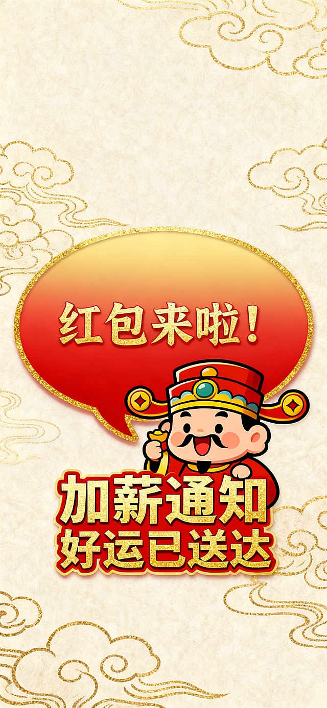 红金喜庆风格手机壁纸，红金渐变气泡对话框，财神表情包戴官帽发红包，文字“红包来啦！”“加薪通知”“好运已送达”配金色描边，背景浅金祥云纹，传统年味，高清细腻