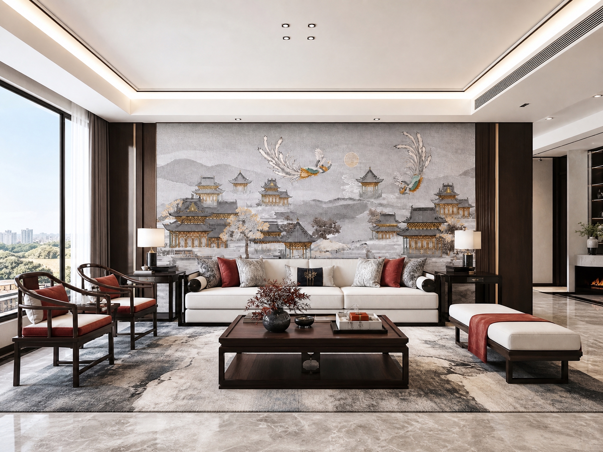 将参考图中的刺绣硬包背景墙图案完整保留，图案颜色和细节完全不变… - 图片创意预览