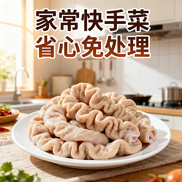 拼多多电商主图第四张，猪大肠食用场景展示，预处理好的精品干净猪大肠放在白净餐盘里，搭配简约厨房背景，暖自然光营造食欲感，主文案"家常快手菜 省心免处理"，文案悬浮于画面上方，不遮挡主体，整体生鲜电商风格，自然有食欲