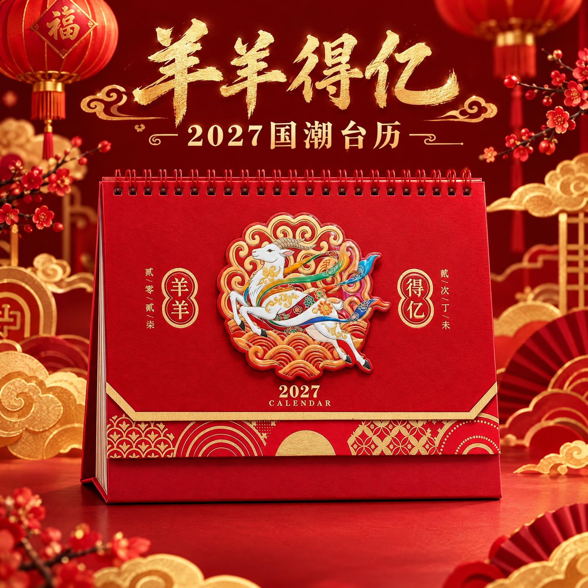 生成羊羊得亿款台历单张主图。国潮喜庆风格，红金主色调，深红色渐… - 图片创意预览