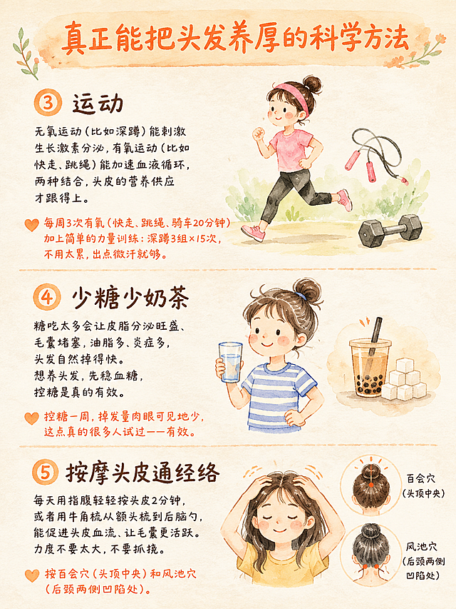 清新手绘水彩风格的养发科普内页图，小红书笔记内页质感，版式精美，信息层级清晰。浅米色水彩纸张质感背景，淡淡的水彩晕染纹理。顶部暖橘色水彩笔触标题「真正能把头发养厚的科学方法」。内容分三个部分：「③ 运动」大标题，序号暖橘色水彩圈出。正文：无氧运动（比如深蹲）能刺激生长激素分泌，有氧运动（比如快走、跳绳）能加速血液循环，两种结合，头皮的营养供应才跟得上。旁边配水彩手绘插画：一个小人在跑步运动，旁边有跳绳和哑铃。下方橙色心形图标文字：每周3次有氧（快走、跳绳、骑车20分钟）加上简单的力量训练：深蹲3组×15次，不用太累，出点微汗就够。然后是「④ 少糖少奶茶」大标题，正文：糖吃太多会让皮脂分泌旺盛、毛囊堵塞，油脂多、炎症多，头发自然掉得快。想养头发，先稳血糖，控糖是真的有效。旁边配水彩手绘插画：一个小人拿着一杯清水，旁边是奶茶和方糖。下方橙色文字：控糖一周，掉发量肉眼可见地少，这点真的很多人试过——有效。然后是「⑤ 按摩头皮通经络」大标题，正文：每天用指腹轻轻按头皮2分钟，或者用牛角梳从额头梳到后脑勺，能促进头皮血流、让毛囊更活跃。力度不要太大，不要抓挠。下方橙色文字：按百会穴（头顶中央）和风池穴（后颈两侧凹陷处）。整体左右分栏排版，左边文字右边小插画，清新水彩手绘风，柔和温暖治愈。画面比例3:4，竖版。