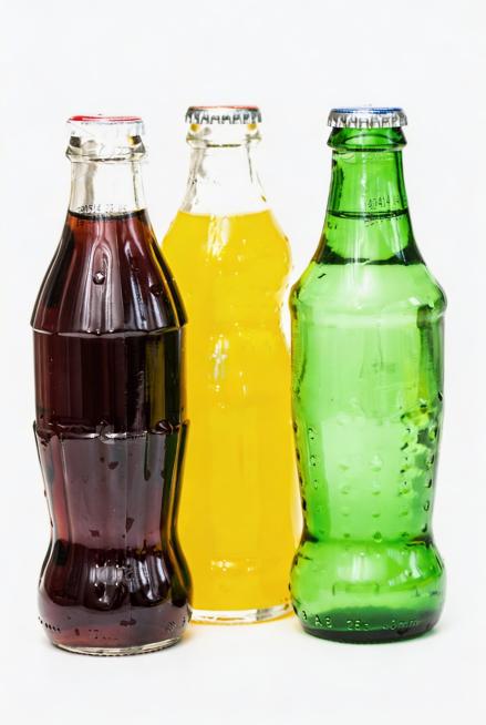 消除图片上的所有水印，保留原图的三个汽水瓶，纯白色背景，保留玻璃瓶的通透质感，超清画质，智能降噪，细节锐化，去除文字水印，不改变原图构图和色彩预览效果