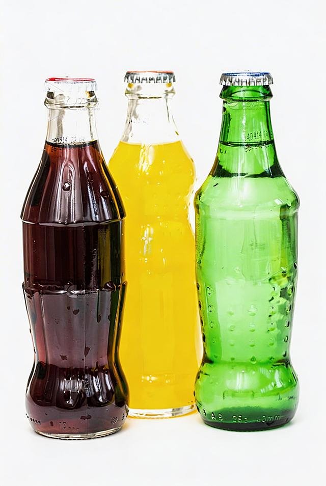 消除图片上的所有水印，保留原图的三个汽水瓶，纯白色背景，保留玻璃瓶的通透质感，超清画质，智能降噪，细节锐化，去除文字水印，不改变原图构图和色彩