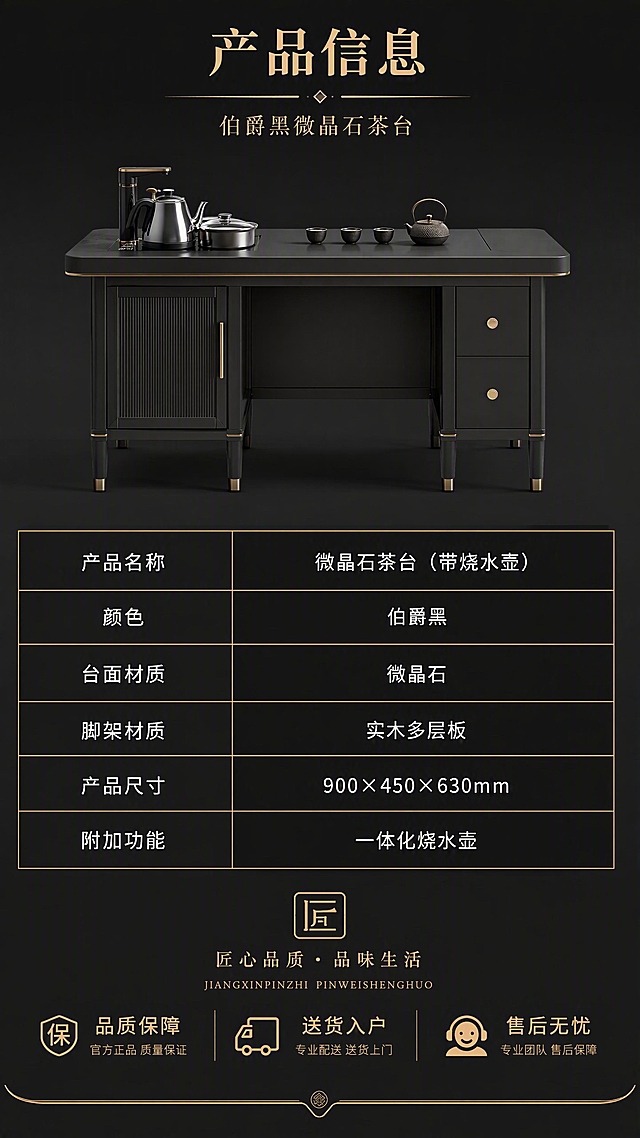 [第8张] 详情页产品信息页-规格参数与细节收口。
[氛围/风格] 专业参数展示，简洁清晰，深色商务风，信息规整。
[元素布局] 画面上半部分为伯爵黑微晶石茶台的正面标准视图，占比约35%，产品完整展示，背景为深灰色纯色；下半部分为规格参数表，采用深色底+金色分隔线的表格样式，清晰列出各项参数；画面底部有品牌标识区域与服务承诺图标。
[光影质感] 正面均匀柔光照明，产品清晰端正，整体光线干净均匀，无多余阴影。
[配色色系] 全局底色 #1A1A1A 纯深黑；主色伯爵黑产品；辅助色暖金色表格线、白色参数文字；点缀色服务图标金色。
[视角构图] 上下分区布局，上产品下参数，正面平视产品，阅读动线自上而下。
[文字版式] 顶部主标题「产品信息」，副标题「伯爵黑微晶石茶台」；下方参数表包含：产品名称「微晶石茶台（带烧水壶）」、颜色「伯爵黑」、台面材质「微晶石」、脚架材质「实木多层板」、产品尺寸「900×450×630mm」、附加功能「一体化烧水壶」；底部三个服务图标「品质保障」「送货入户」「售后无忧」；所有文字清晰可读，参数对齐规整。
[比例分辨率] 9:16 竖版比例，4K 分辨率，文字清晰可辨，高清画质。
[负向提示词] 产品变形，参数错乱，颜色偏差，水印，文字过小，产品模糊，背景杂乱。