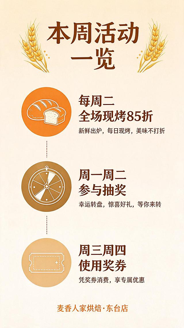 第2屏 活动总览模块。温暖烘焙风，整幅画面满版构图，无白色外边框、无圆角、无分割线；画面顶部和底部边缘均为纯色米黄奶油色背景（约#FDF6E9），从上到下自然过渡，顶部和底部边缘区域不放置任何图案元素。画面上方是棕色粗体标题「本周活动 一览」，两侧有小麦穗插画。下方是纵向排列的三个圆形图标卡片：第一个橙色圆形内有面包图标，右侧文字「每周二 全场现烤85折」；第二个棕金色圆形内有转盘图标，右侧文字「周一周二 参与抽奖」；第三个米橙色圆形内有优惠券图标，右侧文字「周三周四 使用奖券」。每个卡片下方有一行深棕色小字说明，卡片间有虚线连接。底部一行橙色小字「麦香人家烘焙·东台店」。整体简洁清晰，插画风格温暖自然。9:16竖版，2K高清，文字清晰。