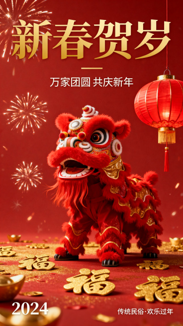 一张创意十足且风格鲜明的春节节庆海报，画面主体包含红色舞狮、金色福字和红灯笼，整体热闹喜庆，充满年味，构图大气，适合节日宣传预览效果