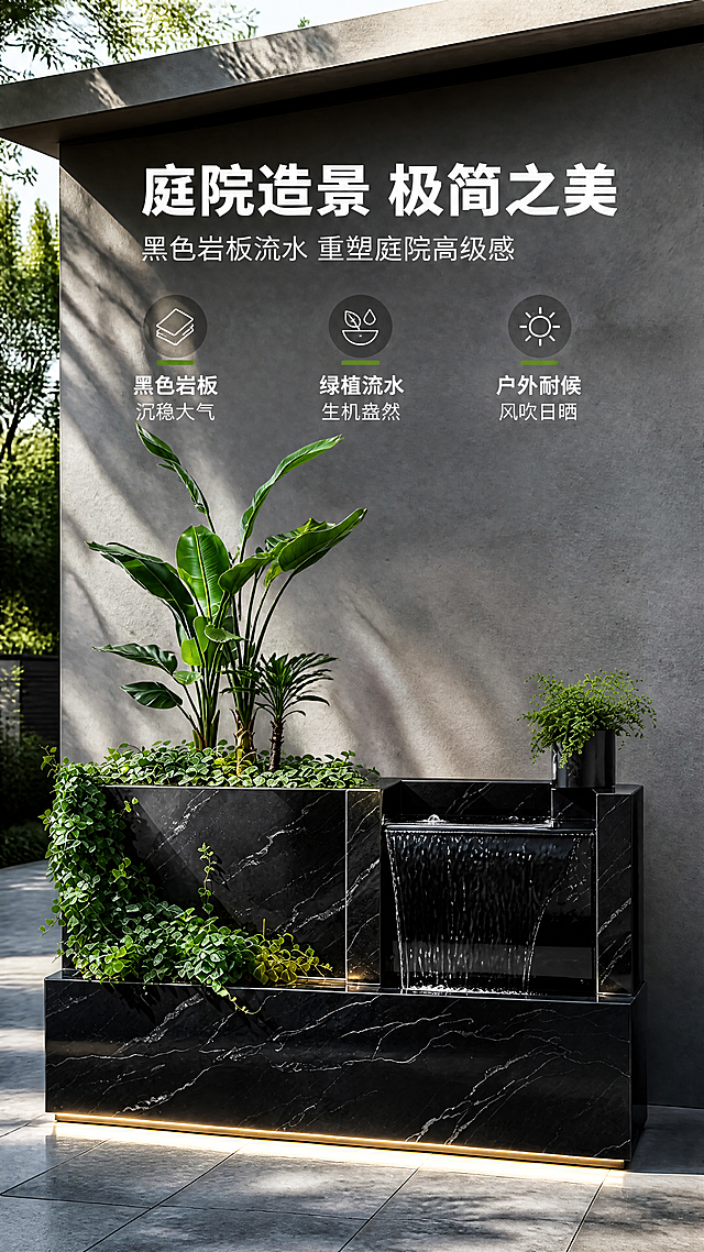 [商品] 使用【图1】黑色大理石纹岩板流水花箱；保留左高花箱+右流水幕墙的阶梯结构、黑色岩板材质与白色纹理、底部隐藏LED暖光灯带、落地式底座、流水从右侧上方垂落的方向、花箱内天堂鸟+常春藤+小型棕榈的绿植组合；增强岩板深邃光泽质感与流水晶莹效果，绿植保持自然生机，不改变产品结构和比例。
[画面] 页面目标：第二屏场景种草，户外庭院靠墙日景，突出黑色岩板与绿植的高级对比。构图：竖版9:16，产品位于画面中下部，占画面约60%，正面微侧角度。前景：灰色哑光地砖，带阳光照射的清晰阴影。中景：黑色岩板流水花箱，左侧花箱绿植茂盛，右侧流水幕墙水流潺潺。背景：微水泥灰色墙面，墙面有细腻肌理，顶部有建筑挑檐线条，明亮的户外自然光从上方洒下。整体营造现代极简、高级质感的庭院氛围。
[视觉] 套系策略：风格=现代极简高端商业摄影；标题字=现代无衬线粗体；正文字=简洁无衬线体；主色=黑灰绿调；背景延展=基于深灰、炭黑做深浅层级、同色渐变和细腻微水泥/石材质感；强调色=翠绿，仅用于小面积图标、引线、标签和绿植高光；标题色=哑光白；正文色=浅米灰；组件=圆角深色半透明信息卡、细线引线、极简装饰线条；光影=顶部自然光+底部LED灯带暖光，整体高对比高级光影。
[文字] 画面上方留白区域放主标题和副标题，不遮挡产品主体。主标题：庭院造景 极简之美；副标题：黑色岩板流水 重塑庭院高级感；下方3个卖点图标+短文案：① 黑色岩板 沉稳大气 ② 绿植流水 生机盎然 ③ 户外耐候 风吹日晒。文字全部横向排版，手机端清晰可读。
[规格] 图片比例9:16竖版，4K分辨率，避免变形、错字、文字过小、冷蓝背景、产品结构改变、岩板纹理错乱、绿植品种改变。