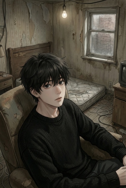 将头发改为柔软垂落的样式，毛衣换成黑色，视角调整为正面俯视，背景替换为简陋破旧的出租屋预览效果