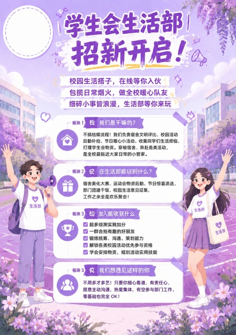修正海报文字错误，将最后一个板块标题从错误的"板块 3"改为正确的"板块4｜我们想遇见这样的你"，其他文案和版式保持不变，整体尺寸固定为1080*1528像素，保持紫色清新校园风格，所有文字必须准确清预览效果