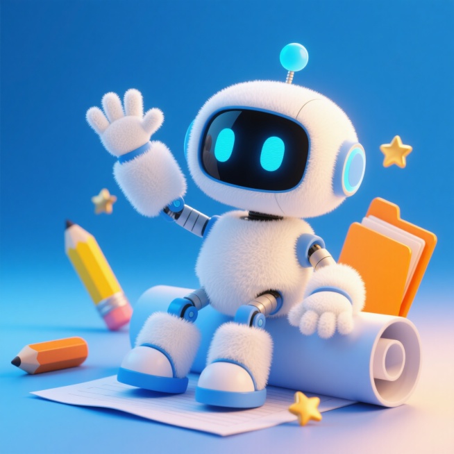 3D毛绒风格的白色机器人，头部有蓝色圆形天线，黑色面罩上有两个发光的蓝色椭圆形眼睛，身体和四肢为白色毛绒材质，关节处有蓝色装饰，坐在蓝色渐变的卷轴纸张上，左手抬起挥手，周围有黄色铅笔、橙色文件夹和金色星星装饰，整体采用柔和的光影效果，色彩以白色、蓝色为主，搭配黄色和橙色点缀，营造出可爱、温馨的氛围，具有清晰的视觉层级和简洁的设计感。预览效果