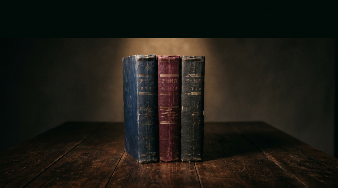 Three vintage hardcover books standing vertically on a dark wooden table. The spine of each book sho预览效果