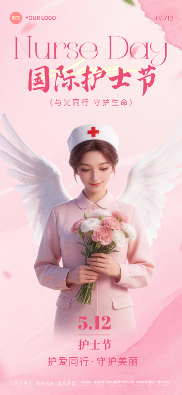 512国际护士节温馨感3D风粉色护士形象全屏海报预览效果