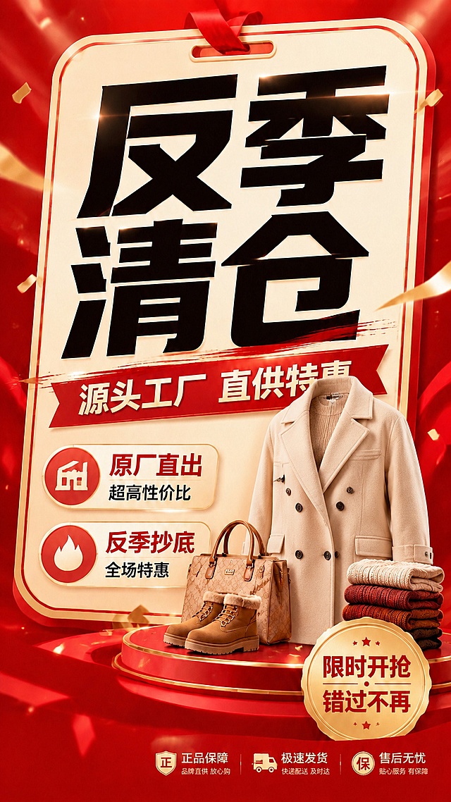 修改这张反季清仓促销海报，取消左下角二维码占位块，删除原有的红色羽绒服，替换成羊毛大衣款式，保持整体经典红金促销风格不变，所有文字文案、版式布局、色彩风格保持原样，仅更换商品，画面自然协调，文字清晰可读