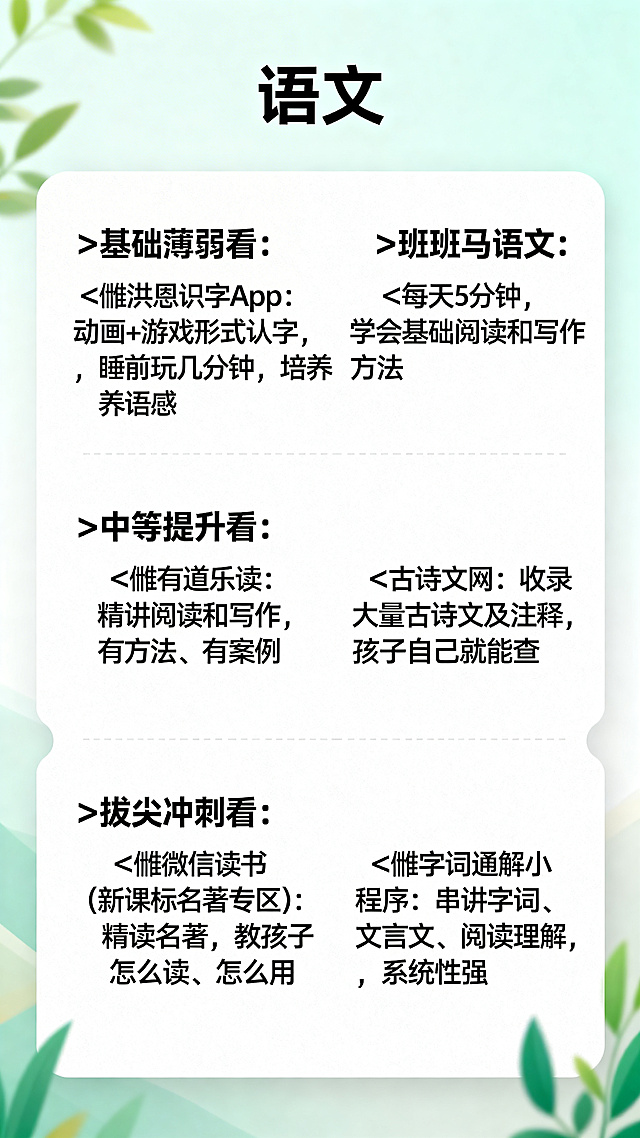 小学语文学习工具推荐图文卡片，背景简约清新，标题“语文”醒目，内容清晰排版：
✅基础薄弱看：
👉洪恩识字App：动画+游戏形式认字，睡前玩几分钟，培养语感
👉班马语文：每天5分钟，学会基础阅读和写作方法
✅中等提升看：
👉有道乐读：精讲阅读和写作，有方法、有案例
👉古诗文网：收录大量古诗文及注释，孩子自己就能查
✅拔尖冲刺看：
👉微信读书（新课标名著专区）：精读名著，教孩子怎么读、怎么用
👉字词通解小程序：串讲字词、文言文、阅读理解，系统性强
所有文字完整保留，清晰展示，现代教育风格