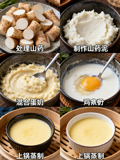 山药牛奶蒸蛋羹制作步骤图，四宫格制作步骤（ 配文字）预览效果