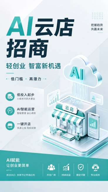 基于原图重新排版，删除底部所有联系方式、招商热线和二维码，保留原图的AI云店招商主题、文案内容、3D云店模型和整体清新科技风格，保留主标题“AI云店招商”、副标题“轻创业 智富新机遇”、“低门槛 ·预览效果