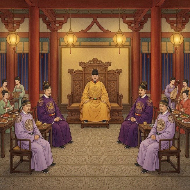 宫廷夜宴场景，1:1构图，主位为皇帝坐于唐代龙椅，殿内朱漆木柱、斗拱简洁，地面铺莲花纹方砖，悬挂素面鎏金铜灯。殿内宾客为四位唐代高官，严格遵循官服品级：两位一品着深紫袍绣麒麟纹、戴满刻鎏金麒麟纹纱帽；预览效果
