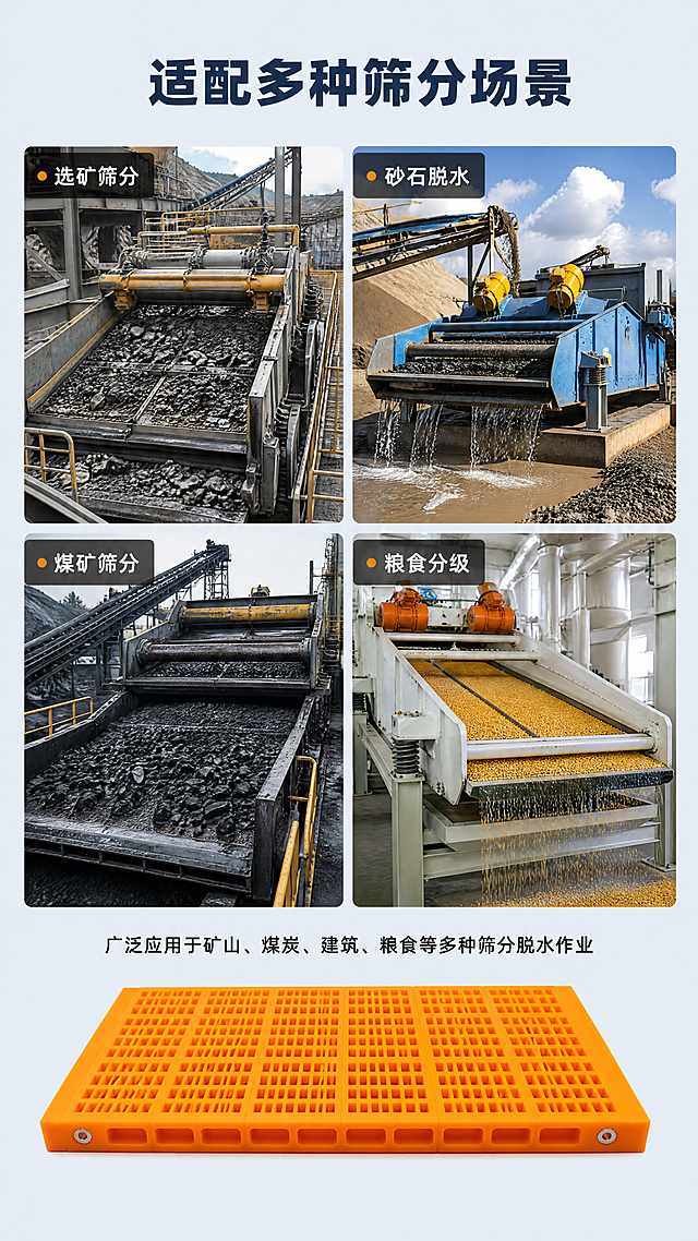 [第3屏] 使用场景展示，聚氨酯脱水筛网适配场景介绍页。
[氛围/风格] 实景工业风，清晰展示应用环境，真实可信，商业摄影质感。
[元素布局] 将页面分成4宫格，每个格子展示一个不同的应用场景，分别是选矿筛分、砂石脱水、煤矿筛分、粮食分级四个场景缩略图，每个场景图上方标注场景名称。页面顶部放置大标题，底部居中放置一张缩小的聚氨酯脱水筛网产品图，使用图1保持产品外观、颜色、结构一致，不遮挡文字。整体每个场景边界清晰，不拥挤重叠。
[光影质感] 整体光照均匀，每个场景图都有清晰明暗层次，产品和文字都清晰突出，阴影柔和不突兀。
[配色色系] 全局底色：#F0F4F8（浅蓝灰）；标题用深灰蓝色#2C3E50；场景标注用橘黄色#F5A623突出；产品保持原有橘黄色。
[视角构图] 从上到下排版，顶部标题区、中部四宫格场景区、底部产品区，分区清晰，符合移动端竖屏阅读。
[文字版式] 顶部主标题「适配多种筛分场景」深灰蓝色粗体居中，每个场景格子左上角标注场景名称，白色字配半透明深色底框，清晰易读，底部产品上方标注一句话总结「广泛应用于矿山、煤炭、建筑、粮食等多种筛分脱水作业」，黑色小字居中，文字不遮挡产品主体。
[比例分辨率] 9:16竖版比例，4K分辨率，文字清晰可辨，超高清。
[负向提示词] 场景边界模糊，文字重叠，产品变形，颜色偏差，水印，结构错误，背景杂乱。