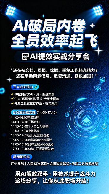 科技风分享会宣传海报，主标题超大科技字体写着“AI 破局内卷・全员效率起飞”，副标题“🤯 AI 提效实战分享会”，下方文案：
还在被文档、周报、数据、重复工作耗光精力？还在手动同步信息、反复沟通、低预览效果