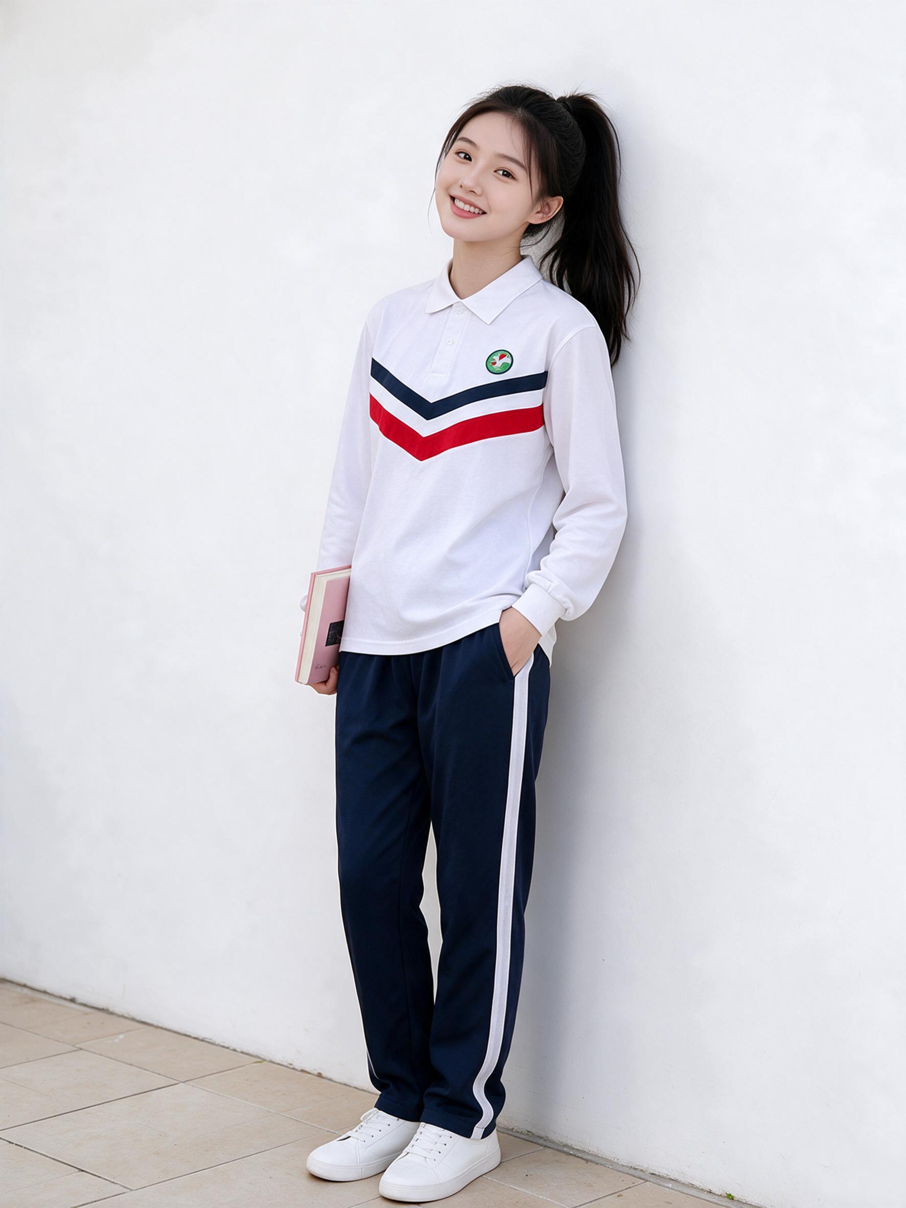 保持参考图中模特的面容、黑色高马尾发型和校服款式（白色长袖po… - 图片创意预览
