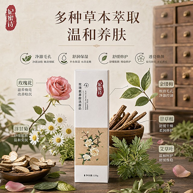 [主图-2] 核心成分功效 多种草本萃取
[统一基调] 中药草本国风 小红书原生氛围感 雅致温润 主色米白+赭石棕+草木绿 主标题用干净宋体 辅助文字用细黑体 整体柔和自然光 中药铺质感
[画面] 产品妃蜜诗玫瑰氨基酸洗面奶白色包装盒放在画面下方居中 占画面约35% 正面展示 上方和四周环绕多种真实草本植物原料 玫瑰花 洋甘菊 金缕梅叶片 甘草根 艾草叶 各用细引线连接到产品 配小标签说明对应功效 背景为浅米色宣纸纹理 点缀中药抽屉柜局部虚化 营造中药房氛围 左上角放品牌红印小logo
[光影质感] 商业静物摄影 柔和自然光 草本叶片有通透感 产品盒身光影自然 底部接触阴影真实 不悬浮
[配色] 主色米白 赭石棕 草木绿 点缀玫瑰花瓣粉 标题深棕色 标签文字深绿色
[文字版式] 顶部主标题大字 多种草本萃取 温和养肤 下方分四组小图标加短文案 净澈毛孔 舒润保湿 舒缓修护 透亮焕颜 每组配对应草本小图 文字不遮挡产品主体 排版错落有致 小红书种草风格
[输出要求] 比例1:1 文字清晰可读 产品清晰不变形 无错字 无水印 无平台logo 无化学成分结构式 无生产厂家信息 负向：变形 模糊 化学分子式 西药 工厂 医院