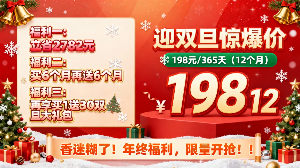 左边"福利一：立省2782元“"福利二：买6个月再送6个月“"福利三：再享买1送30双旦大礼包“ 右面”迎双旦惊爆价 
198元/365天（12个月）“ 底部”香迷糊了！年终福利，限量开抢！！“ 帮我预览效果