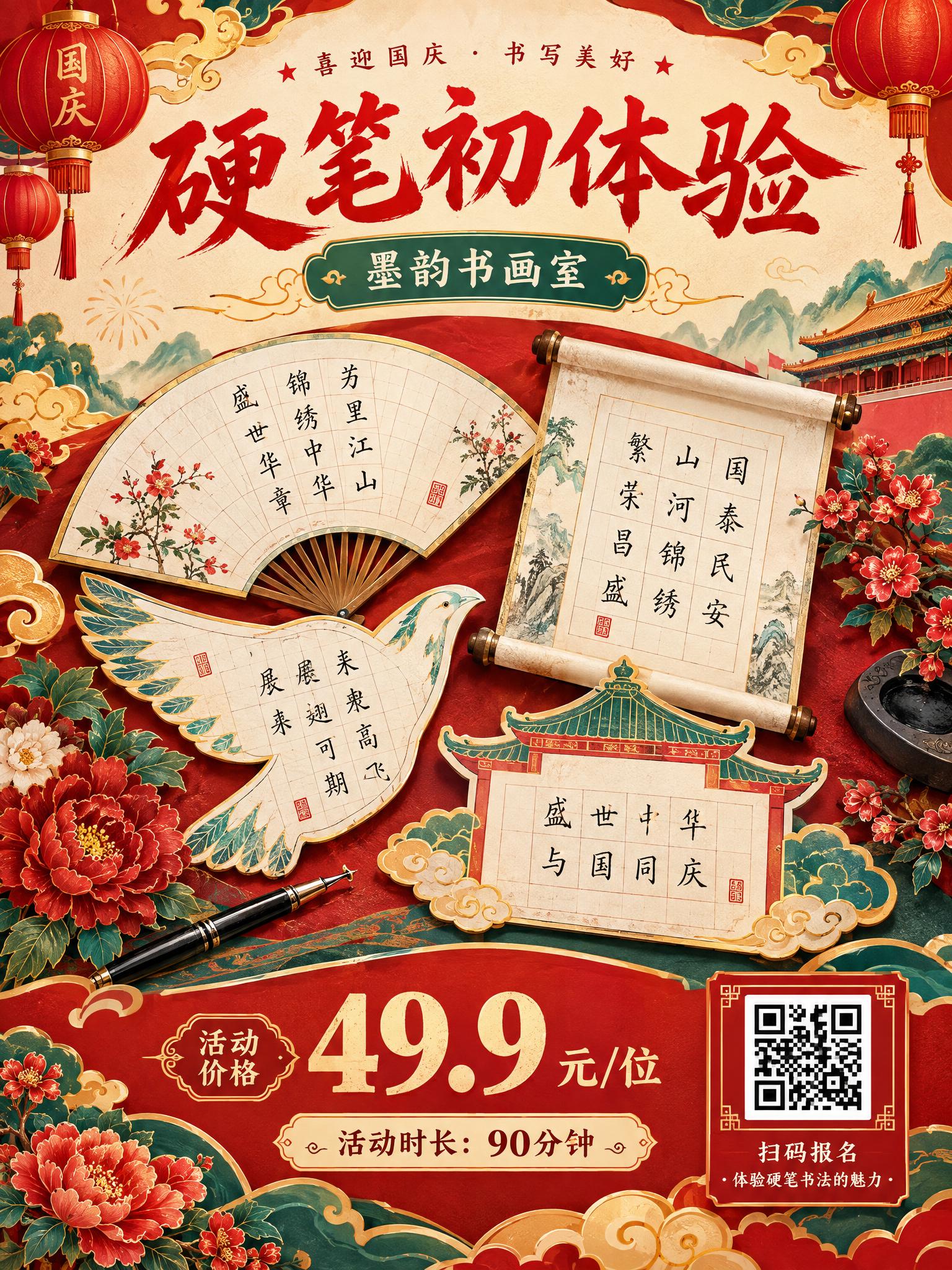国庆节硬笔书法体验活动宣传海报，竖版2K尺寸。顶部为活动主题文… - 图片创意预览