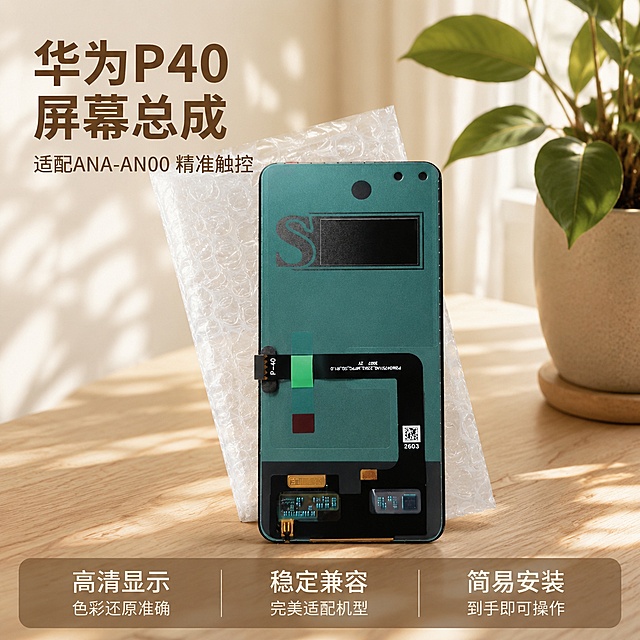 [主图-1] 华为P40屏幕总成产品首图展示；
[氛围风格] 家居治愈风，柔和温馨，自然松弛；
[画质] 商业摄影质感，光线柔和通透，产品清晰真实，画面干净高级，细节丰富；
[元素] 华为P40屏幕总成居中展示，主体饱满突出，背景为浅原木色桌面搭配一盆简约绿植，营造柔和家居氛围；保持产品外观（物理结构、材质质感、颜色）与输入产品图绝对一致，杜绝任何变形和色差，精细化处理；商品主体占比严格控制在70%左右，画面满屏无边框；
[光影] 柔和自然光从侧窗射入，整体光线均匀通透，主光突出产品轮廓，辅光填充阴影，营造柔和治愈光影层次感；
[配色] 主色调为浅原木暖色调，搭配屏幕本身的青绿色，清新自然，和谐舒适；
[视角构图] 平视四分之三视角，景深适中，产品轮廓完整不裁切；
[文字版式] 左上负空间左对齐留安全边距，大字主文案：华为P40屏幕总成，深棕色粗体无衬线字体清晰醒目；下方辅助短句：适配ANA-AN00 精准触控，字号缩小一半，同色系浅色调；底部通栏半透明渐变蒙层均分三列，每列上短句下说明左对齐：列一「高清显示」「色彩还原准确」列二「稳定兼容」「完美适配机型」列三「简易安装」「到手即可操作」；文字与背景对比强烈，清晰可读；
[输出要求] 1:1 比例，文字清晰锐利，超高清商业摄影质感；
[负向提示词] 变形，文字错乱，产品图模糊，背景杂乱，水印，电商平台Logo，绝对化违禁词，信息引流元素