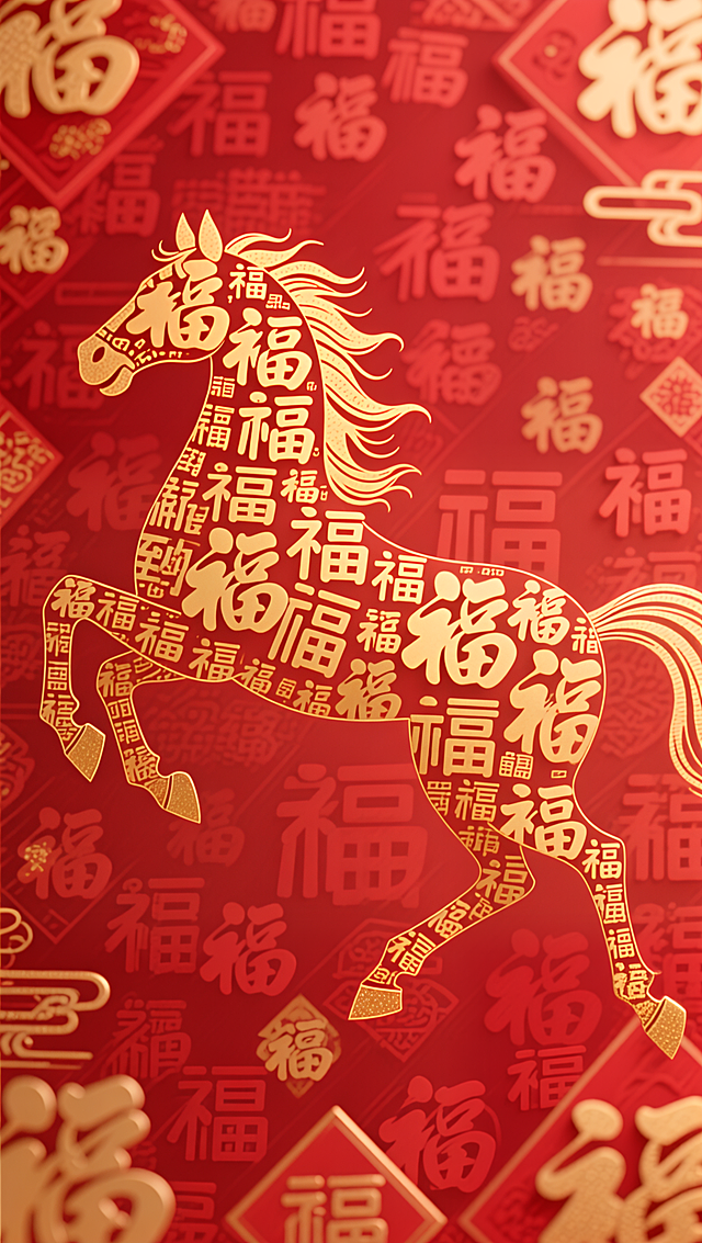 国潮风剪纸马，以“福”字拼形，鎏金质感跃然纸上，红底衬托喜庆祥瑞，尽显中式年味。