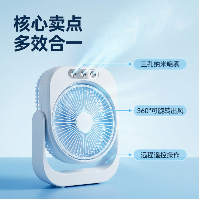 [主图 2] 核心功能亮点展示
[氛围/风格] 科技冷感，蓝色冰冷风格，干净简约，专业数码质感
[画面元素] 喷雾风扇主体放置在浅蓝色渐变背景上，保留产品原有外观，对三个核心卖点做引线标注，展示喷雾功预览效果