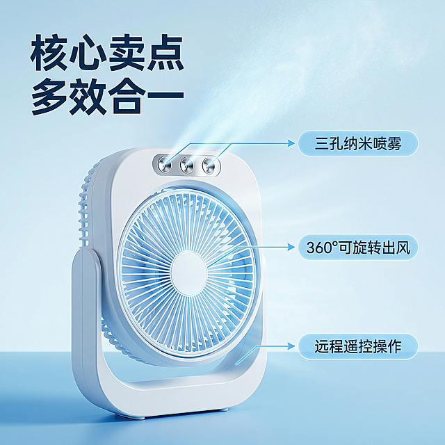 [主图 2] 核心功能亮点展示
[氛围/风格] 科技冷感，蓝色冰冷风格，干净简约，专业数码质感
[画面元素] 喷雾风扇主体放置在浅蓝色渐变背景上，保留产品原有外观，对三个核心卖点做引线标注，展示喷雾功能时添加淡淡的水雾动态效果，整体干净突出细节
[配色色系] 主色调：冰蓝色，背景浅蓝渐变，文字对比清晰
[视角构图] 平视特写，产品主体居中，无边框构图
[文字版式] 左上角标题 "核心卖点 多效合一" 粗体深蓝色；三根纤细引线分别标注 "360°可旋转出风" "远程遥控操作" "三孔纳米喷雾"，文字放在浅蓝色半透明胶囊框内，白色文字，排版分布均匀不遮挡主体。
[比例分辨率] 1:1 比例，2k 分辨率。产品外观必须和参考图一致，保留原设计和细节