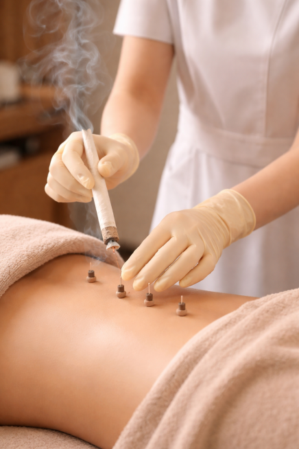 带着淡黄色短款半透明乳胶手套给客人做艾灸，高清实拍预览效果